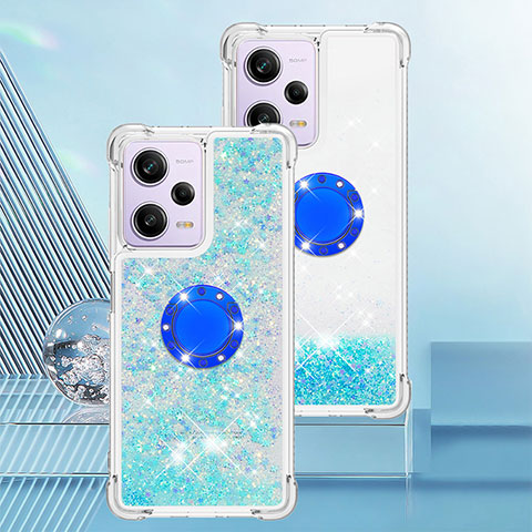 Coque Silicone Housse Etui Gel Bling-Bling avec Support Bague Anneau YB1 pour Xiaomi Redmi Note 12 Pro 5G Bleu Ciel