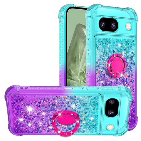 Coque Silicone Housse Etui Gel Bling-Bling avec Support Bague Anneau YB2 pour Google Pixel 8a 5G Bleu Ciel