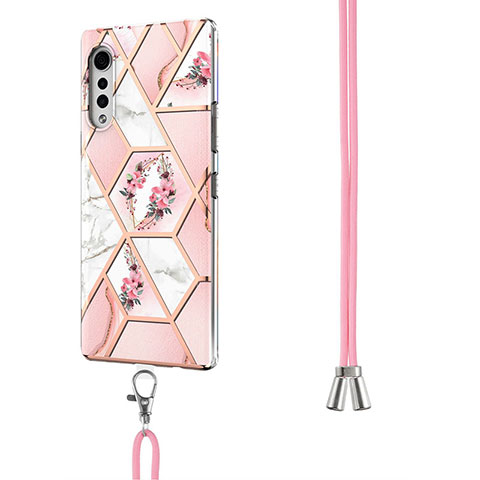 Coque Silicone Motif Fantaisie Souple Couleur Unie Etui Housse avec Laniere Strap Y01B pour LG Velvet 5G Rose