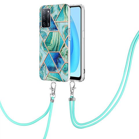 Coque Silicone Motif Fantaisie Souple Couleur Unie Etui Housse avec Laniere Strap Y01B pour Oppo A53s 5G Vert