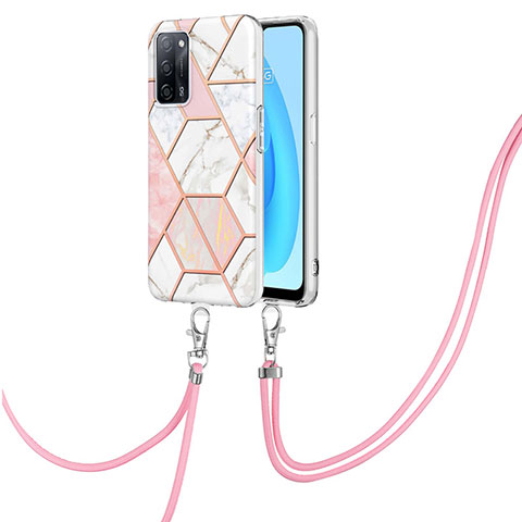 Coque Silicone Motif Fantaisie Souple Couleur Unie Etui Housse avec Laniere Strap Y01B pour Oppo A55 5G Rose