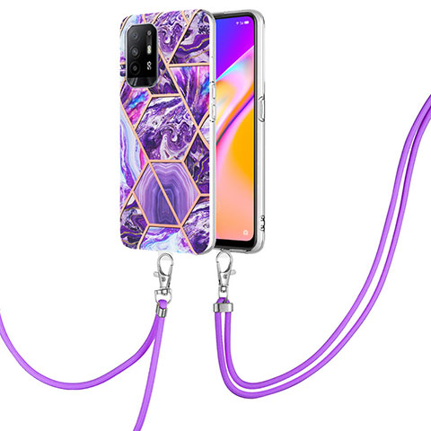 Coque Silicone Motif Fantaisie Souple Couleur Unie Etui Housse avec Laniere Strap Y01B pour Oppo A94 5G Violet