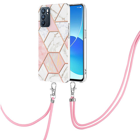 Coque Silicone Motif Fantaisie Souple Couleur Unie Etui Housse avec Laniere Strap Y01B pour Oppo Reno6 5G Rose