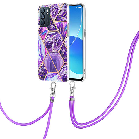 Coque Silicone Motif Fantaisie Souple Couleur Unie Etui Housse avec Laniere Strap Y01B pour Oppo Reno6 5G Violet