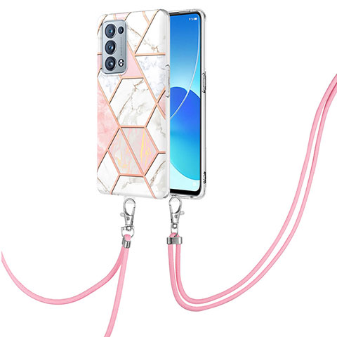 Coque Silicone Motif Fantaisie Souple Couleur Unie Etui Housse avec Laniere Strap Y01B pour Oppo Reno6 Pro 5G Rose