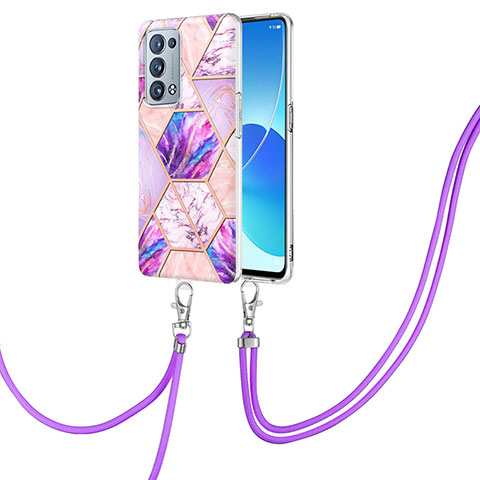 Coque Silicone Motif Fantaisie Souple Couleur Unie Etui Housse avec Laniere Strap Y01B pour Oppo Reno6 Pro 5G Violet Clair