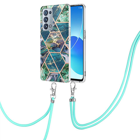 Coque Silicone Motif Fantaisie Souple Couleur Unie Etui Housse avec Laniere Strap Y01B pour Oppo Reno6 Pro+ Plus 5G Vert Nuit