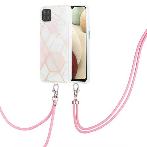 Coque Silicone Motif Fantaisie Souple Couleur Unie Etui Housse avec Laniere Strap Y01B pour Samsung Galaxy A12 Nacho Rose