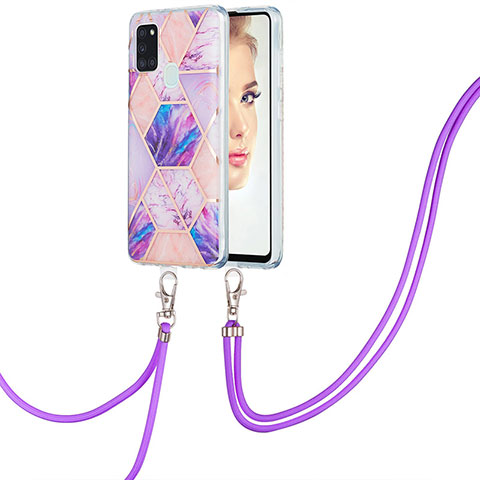 Coque Silicone Motif Fantaisie Souple Couleur Unie Etui Housse avec Laniere Strap Y01B pour Samsung Galaxy A21s Violet Clair