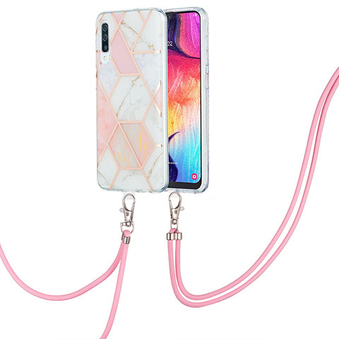 Coque Silicone Motif Fantaisie Souple Couleur Unie Etui Housse avec Laniere Strap Y01B pour Samsung Galaxy A50 Rose