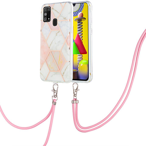 Coque Silicone Motif Fantaisie Souple Couleur Unie Etui Housse avec Laniere Strap Y01B pour Samsung Galaxy M21s Rose