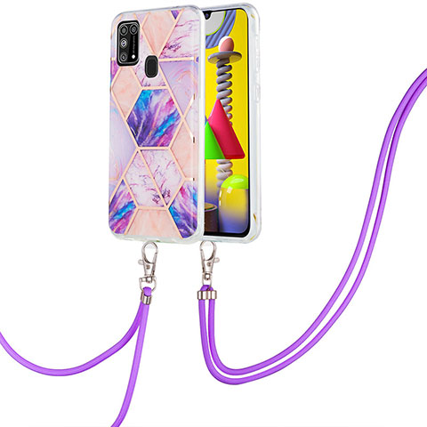 Coque Silicone Motif Fantaisie Souple Couleur Unie Etui Housse avec Laniere Strap Y01B pour Samsung Galaxy M21s Violet Clair