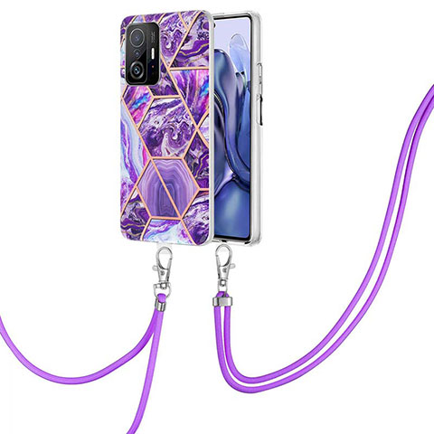 Coque Silicone Motif Fantaisie Souple Couleur Unie Etui Housse avec Laniere Strap Y01B pour Xiaomi Mi 11T 5G Violet