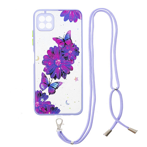 Coque Silicone Motif Fantaisie Souple Couleur Unie Etui Housse avec Laniere Strap Y01X pour Samsung Galaxy A22 5G Violet