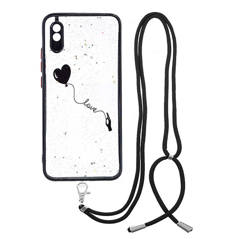 Coque Silicone Motif Fantaisie Souple Couleur Unie Etui Housse avec Laniere Strap Y01X pour Xiaomi Redmi 9A Noir