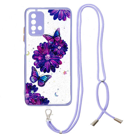 Coque Silicone Motif Fantaisie Souple Couleur Unie Etui Housse avec Laniere Strap Y01X pour Xiaomi Redmi 9T 4G Violet