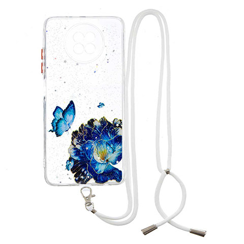 Coque Silicone Motif Fantaisie Souple Couleur Unie Etui Housse avec Laniere Strap Y01X pour Xiaomi Redmi Note 9 5G Bleu