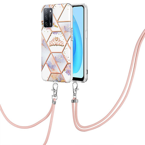 Coque Silicone Motif Fantaisie Souple Couleur Unie Etui Housse avec Laniere Strap Y02B pour Oppo A53s 5G Gris