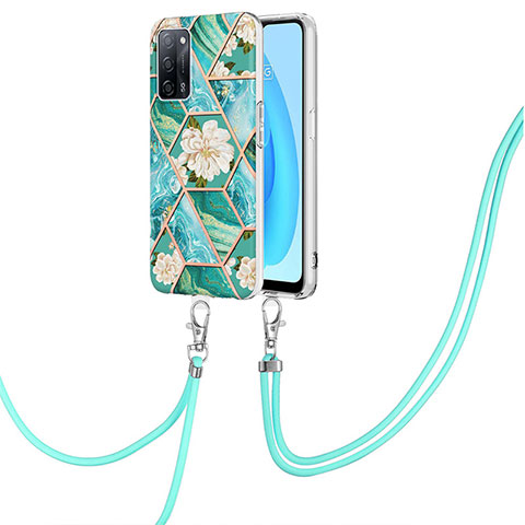 Coque Silicone Motif Fantaisie Souple Couleur Unie Etui Housse avec Laniere Strap Y02B pour Oppo A53s 5G Vert