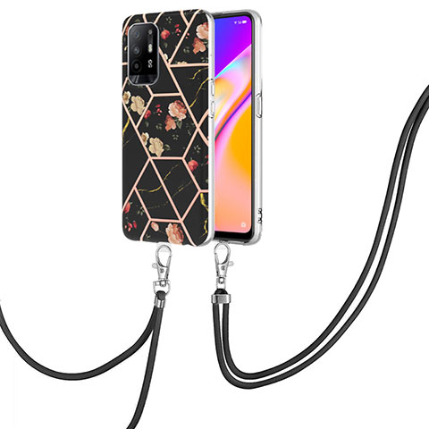 Coque Silicone Motif Fantaisie Souple Couleur Unie Etui Housse avec Laniere Strap Y02B pour Oppo A94 5G Noir