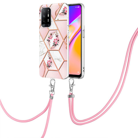 Coque Silicone Motif Fantaisie Souple Couleur Unie Etui Housse avec Laniere Strap Y02B pour Oppo A95 5G Rose