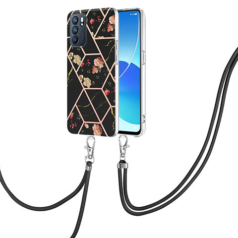 Coque Silicone Motif Fantaisie Souple Couleur Unie Etui Housse avec Laniere Strap Y02B pour Oppo Reno6 5G Noir