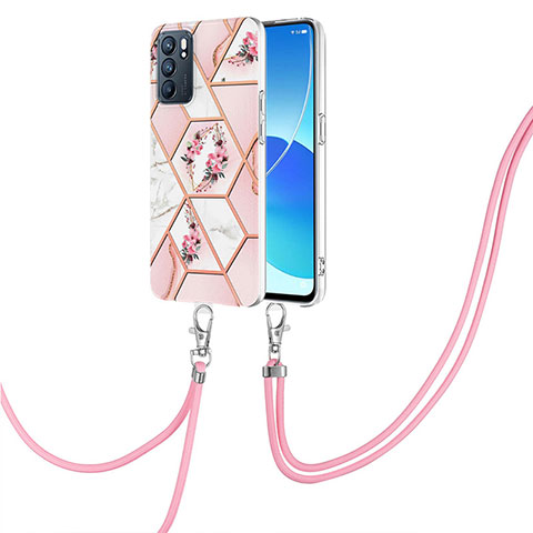 Coque Silicone Motif Fantaisie Souple Couleur Unie Etui Housse avec Laniere Strap Y02B pour Oppo Reno6 5G Rose