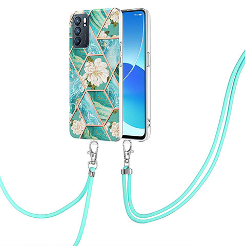 Coque Silicone Motif Fantaisie Souple Couleur Unie Etui Housse avec Laniere Strap Y02B pour Oppo Reno6 5G Vert