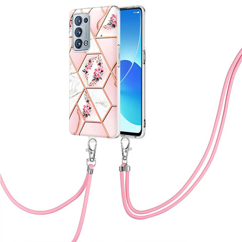 Coque Silicone Motif Fantaisie Souple Couleur Unie Etui Housse avec Laniere Strap Y02B pour Oppo Reno6 Pro 5G Rose