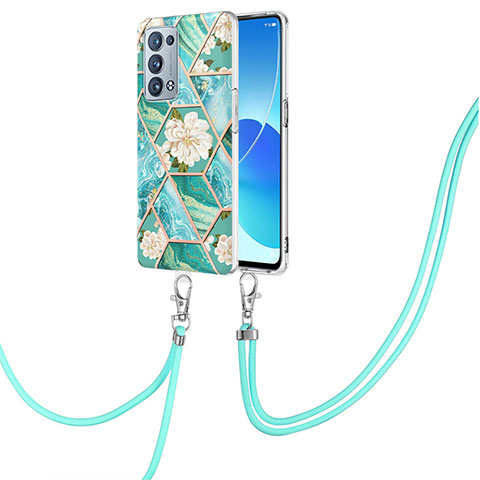 Coque Silicone Motif Fantaisie Souple Couleur Unie Etui Housse avec Laniere Strap Y02B pour Oppo Reno6 Pro+ Plus 5G Vert