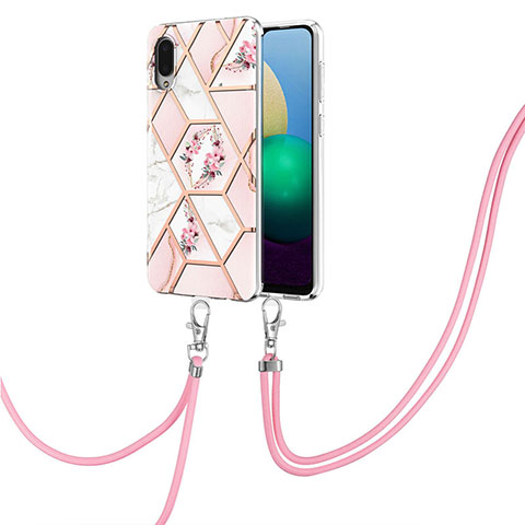 Coque Silicone Motif Fantaisie Souple Couleur Unie Etui Housse avec Laniere Strap Y02B pour Samsung Galaxy A02 Rose