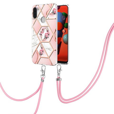 Coque Silicone Motif Fantaisie Souple Couleur Unie Etui Housse avec Laniere Strap Y02B pour Samsung Galaxy A11 Rose