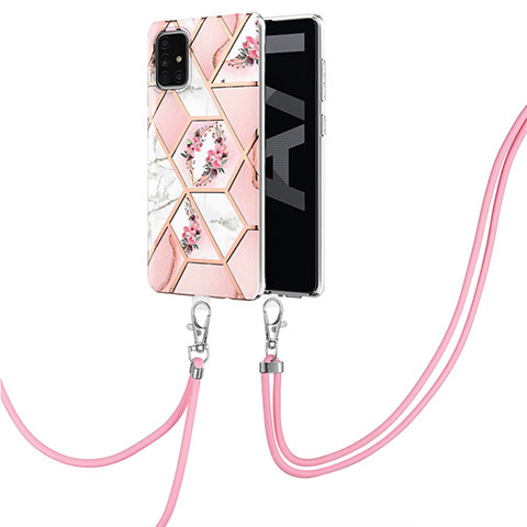 Coque Silicone Motif Fantaisie Souple Couleur Unie Etui Housse avec Laniere Strap Y02B pour Samsung Galaxy A71 4G A715 Rose