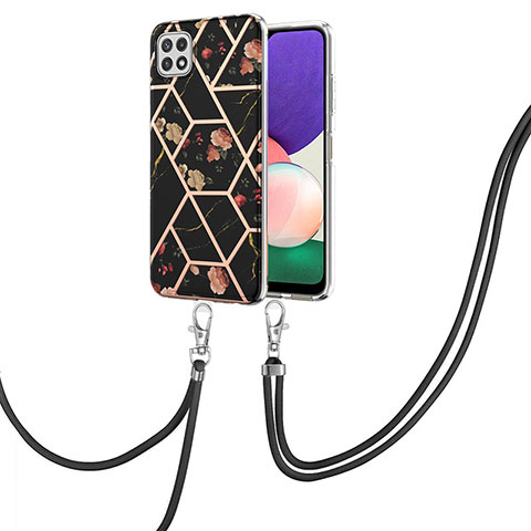 Coque Silicone Motif Fantaisie Souple Couleur Unie Etui Housse avec Laniere Strap Y02B pour Samsung Galaxy F42 5G Noir