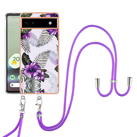 Coque Silicone Motif Fantaisie Souple Couleur Unie Etui Housse avec Laniere Strap Y03B pour Google Pixel 6a 5G Violet