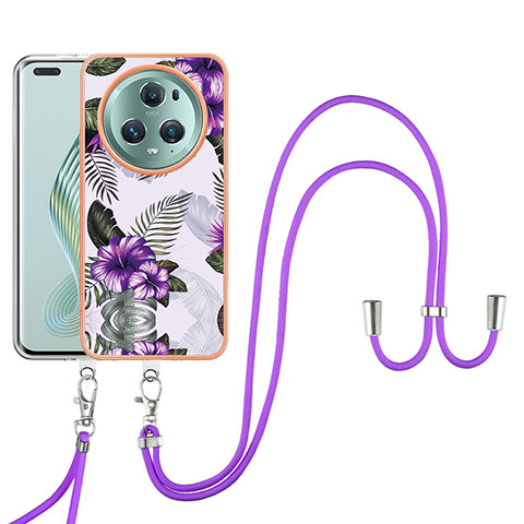 Coque Silicone Motif Fantaisie Souple Couleur Unie Etui Housse avec Laniere Strap Y03B pour Huawei Honor Magic5 Pro 5G Violet