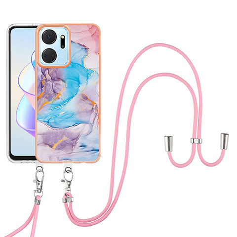 Coque Silicone Motif Fantaisie Souple Couleur Unie Etui Housse avec Laniere Strap Y03B pour Huawei Honor X7a Bleu