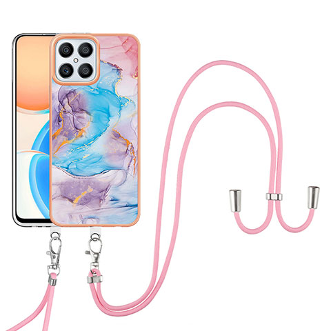 Coque Silicone Motif Fantaisie Souple Couleur Unie Etui Housse avec Laniere Strap Y03B pour Huawei Honor X8 4G Bleu