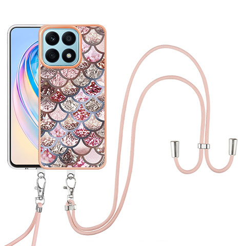 Coque Silicone Motif Fantaisie Souple Couleur Unie Etui Housse avec Laniere Strap Y03B pour Huawei Honor X8a 4G Marron