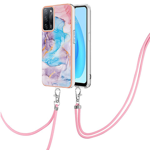 Coque Silicone Motif Fantaisie Souple Couleur Unie Etui Housse avec Laniere Strap Y03B pour Oppo A53s 5G Bleu