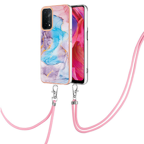 Coque Silicone Motif Fantaisie Souple Couleur Unie Etui Housse avec Laniere Strap Y03B pour Oppo A74 5G Bleu