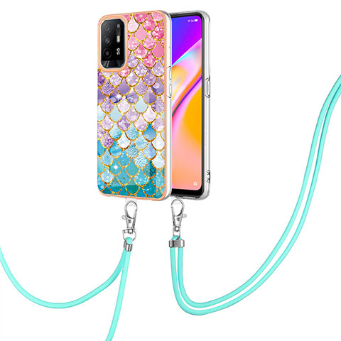 Coque Silicone Motif Fantaisie Souple Couleur Unie Etui Housse avec Laniere Strap Y03B pour Oppo A95 5G Colorful