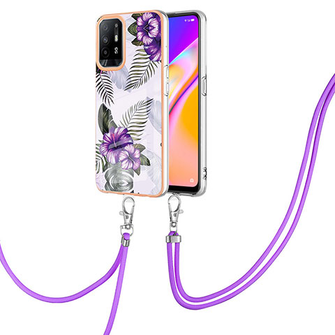 Coque Silicone Motif Fantaisie Souple Couleur Unie Etui Housse avec Laniere Strap Y03B pour Oppo Reno5 Z 5G Violet