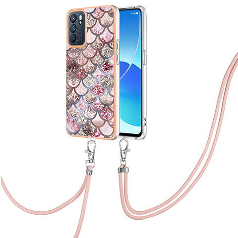 Coque Silicone Motif Fantaisie Souple Couleur Unie Etui Housse avec Laniere Strap Y03B pour Oppo Reno6 5G Marron