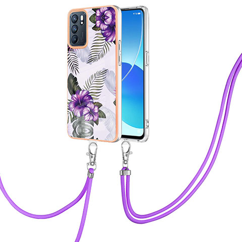 Coque Silicone Motif Fantaisie Souple Couleur Unie Etui Housse avec Laniere Strap Y03B pour Oppo Reno6 5G Violet