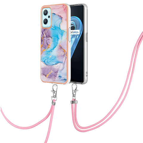 Coque Silicone Motif Fantaisie Souple Couleur Unie Etui Housse avec Laniere Strap Y03B pour Realme 9i 4G Bleu