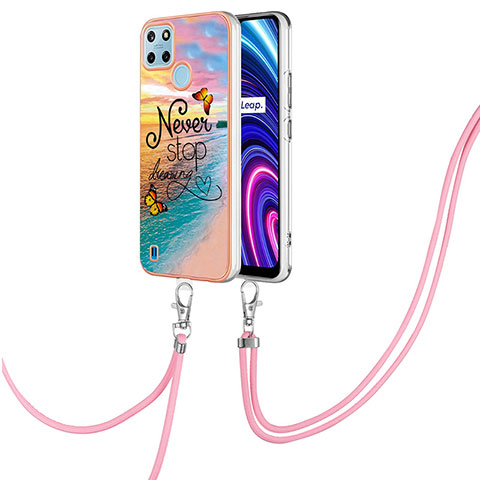 Coque Silicone Motif Fantaisie Souple Couleur Unie Etui Housse avec Laniere Strap Y03B pour Realme C21Y Mixte