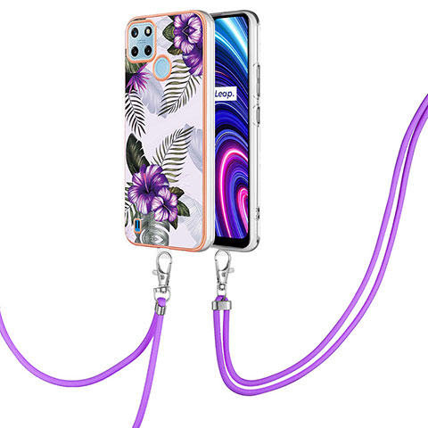 Coque Silicone Motif Fantaisie Souple Couleur Unie Etui Housse avec Laniere Strap Y03B pour Realme C21Y Violet