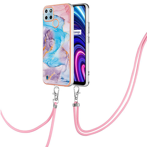 Coque Silicone Motif Fantaisie Souple Couleur Unie Etui Housse avec Laniere Strap Y03B pour Realme C25Y Bleu