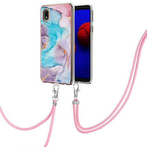 Coque Silicone Motif Fantaisie Souple Couleur Unie Etui Housse avec Laniere Strap Y03B pour Samsung Galaxy A01 Core Bleu